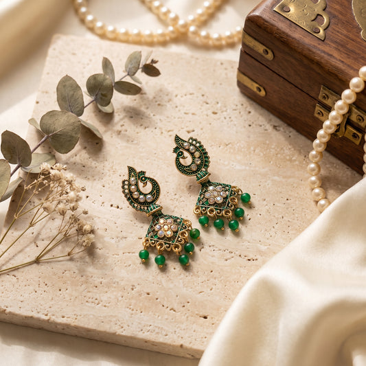 Designer Green Stone Chandbali Drop Earrings for Women & Girls | Traditional Ethnic Hanging Earrings | Festive & Party Wear Jewellery