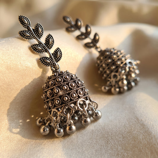 Stylish Oxidised Silver Leaf Design Jhumka Earrings for Women & Girls | Traditional Ethnic Drop Earrings | Lightweight Party & Daily Wear Jewellery