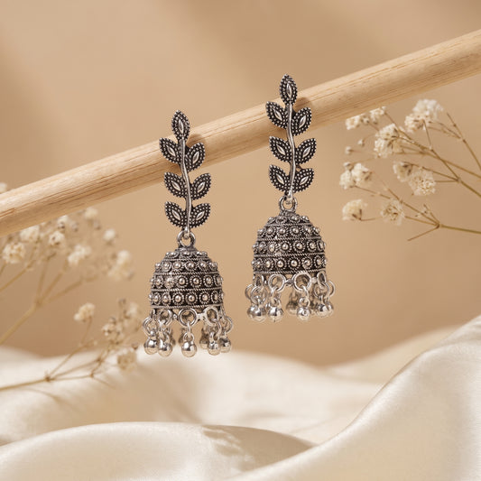 Stylish Oxidised Silver Leaf Design Jhumka Earrings for Women & Girls | Traditional Ethnic Drop Earrings | Lightweight Party & Daily Wear Jewellery