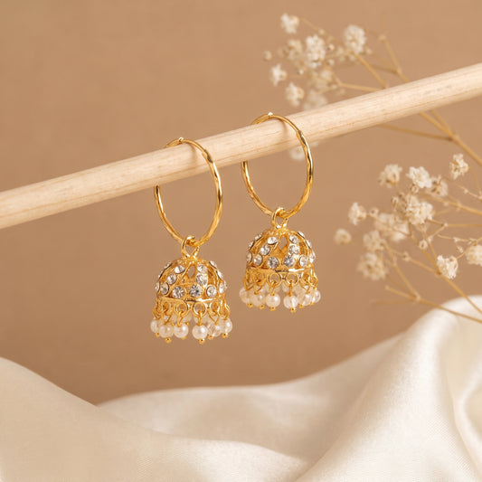 Traditional Golden Pearl Hanging Jhumka Earrings for Women & Girls | Designer Hoop Earrings | Lightweight Ethnic Party Wear Jewellery