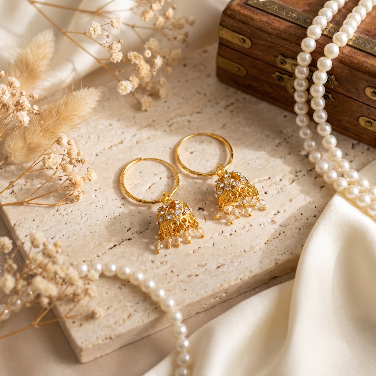 Traditional Golden Pearl Hanging Jhumka Earrings for Women & Girls | Designer Hoop Earrings | Lightweight Ethnic Party Wear Jewellery