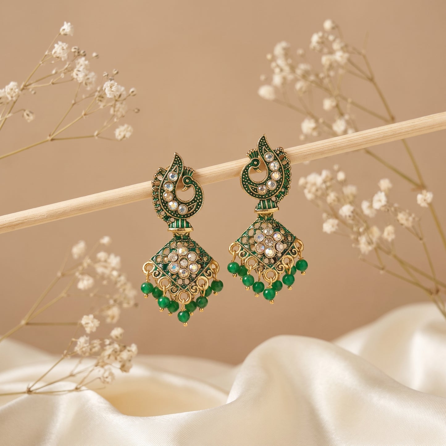 Designer Green Stone Chandbali Drop Earrings for Women & Girls | Traditional Ethnic Hanging Earrings | Festive & Party Wear Jewellery