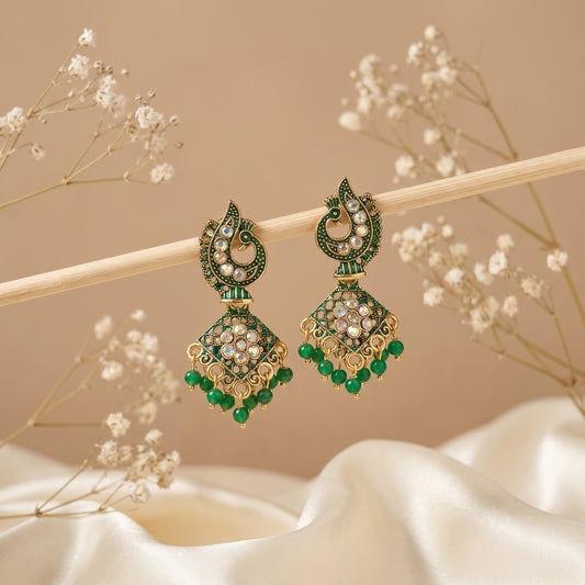 Designer Green Stone Chandbali Drop Earrings for Women & Girls | Traditional Ethnic Hanging Earrings | Festive & Party Wear Jewellery