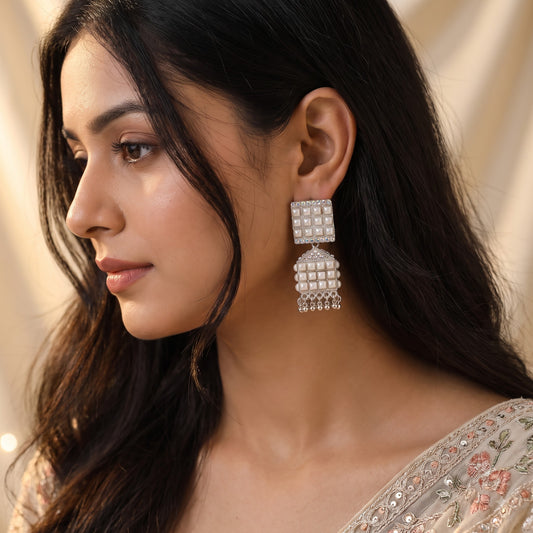 Pearl Stone Jhumka Earrings for Women & Girls | Silver Tone Traditional Hanging Jhumka | Stylish Fashion Jewellery | Festive & Party Wear Earrings